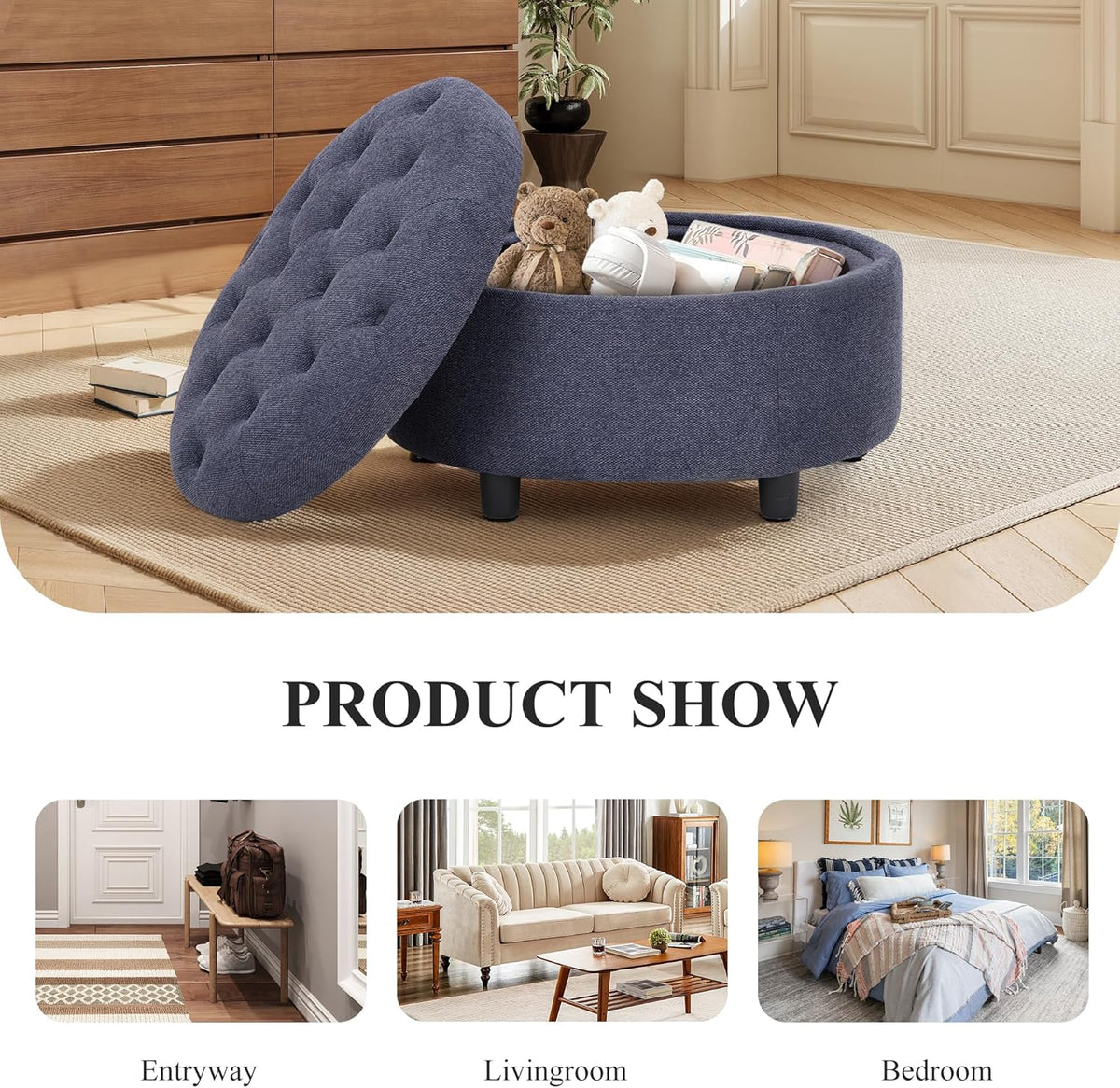 COLAMY Fabric Round Storage Ottoman with Reversible Tray Lid – Multi-Functional Footrest, Hidden