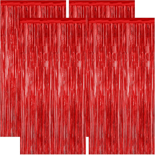 4 Pack Red Backdrop, 3.28 FT x 7.05 FT Party Streamer, Metallic Birthday Tinsel Backdrop Foil