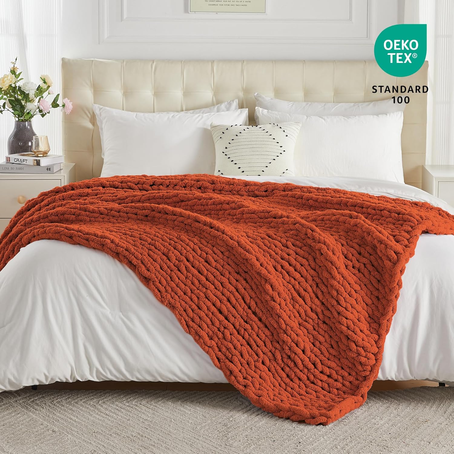 Carriediosa Chunky Knit Throw Blanket 50" X 60", 100% Hand Made Large Chenille Loop Yarn Soft
