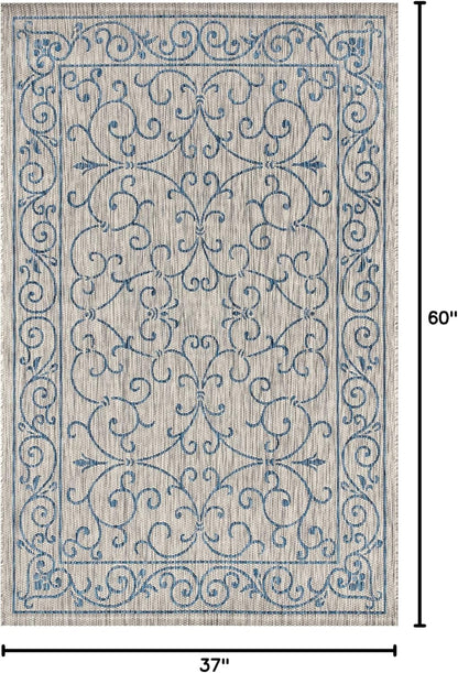 JONATHAN Y Vintage Filigree Indoor Outdoor Area Rug 3X5 Gray/Navy, Charleston Textured Weave for