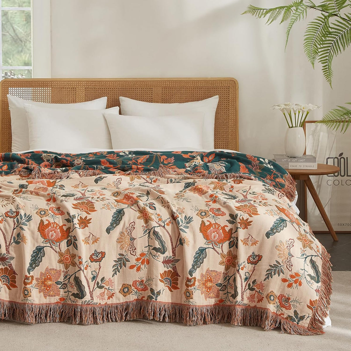 Boho Throw Blanket for Couch Sofa Bed, 100% Cotton Woven Quilt with Tassel 80”x90”, Super Soft