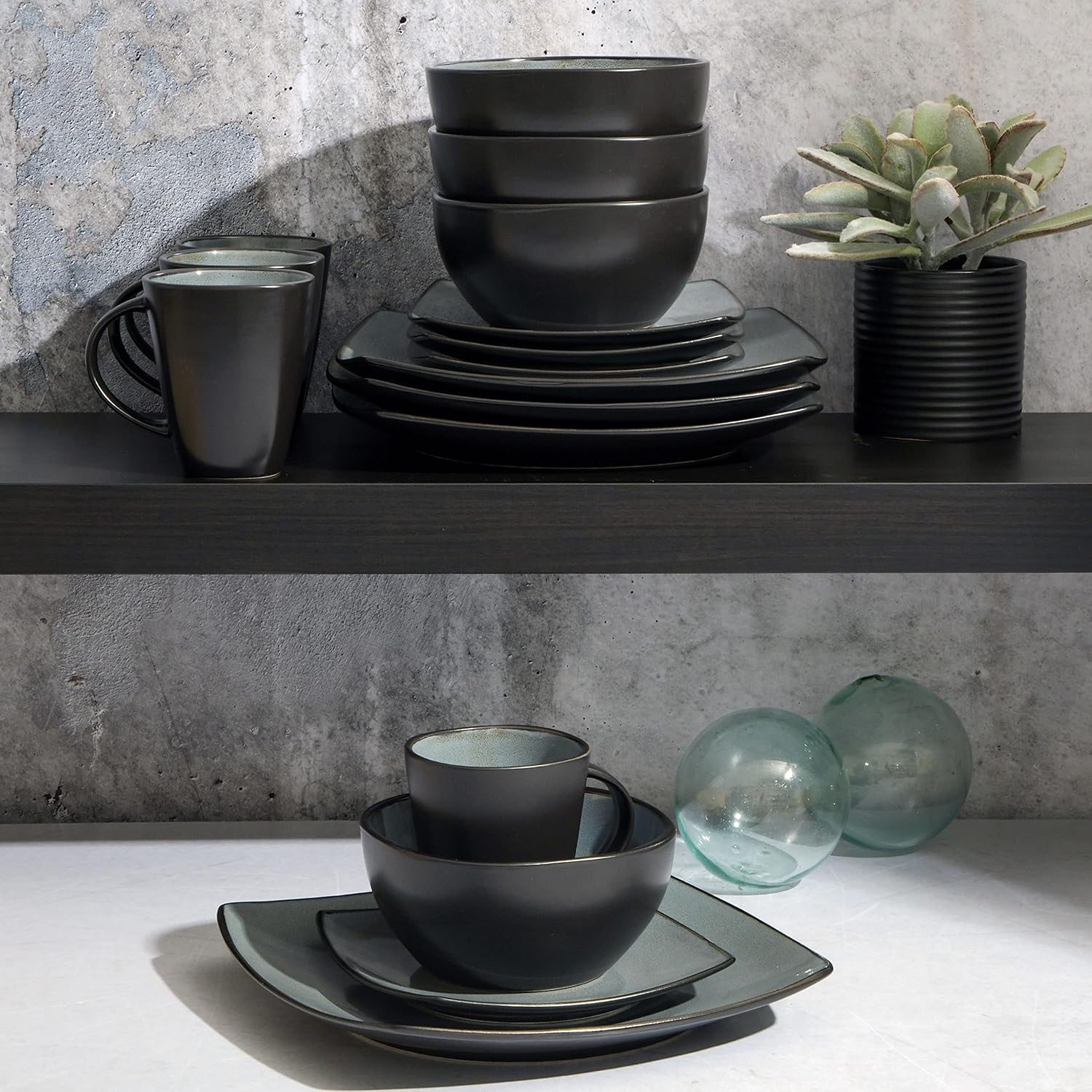 Gibson Elite Soho Lounge Square Reactive Glaze Stoneware Dinnerware Set, Service for 4 (16pc)