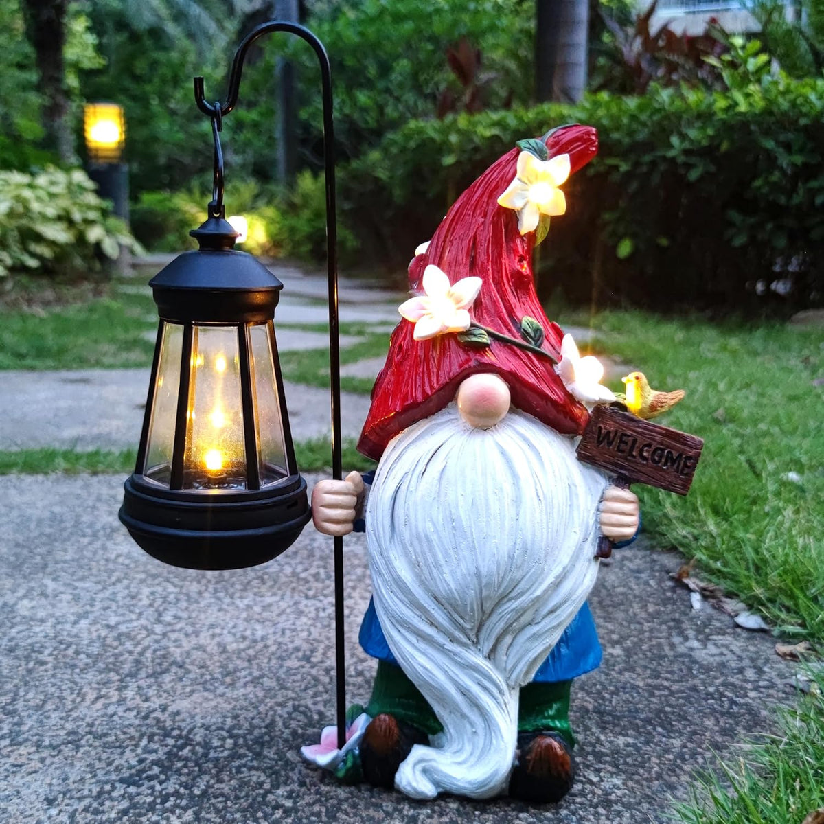 Solar Garden Gnomes Statue with Succulent and 4 LED Lights - Solar Lantern Gnomes Decorations for