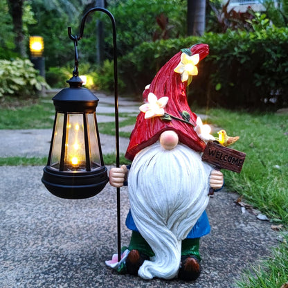 Solar Garden Gnomes Statue with Succulent and 4 LED Lights - Solar Lantern Gnomes Decorations for