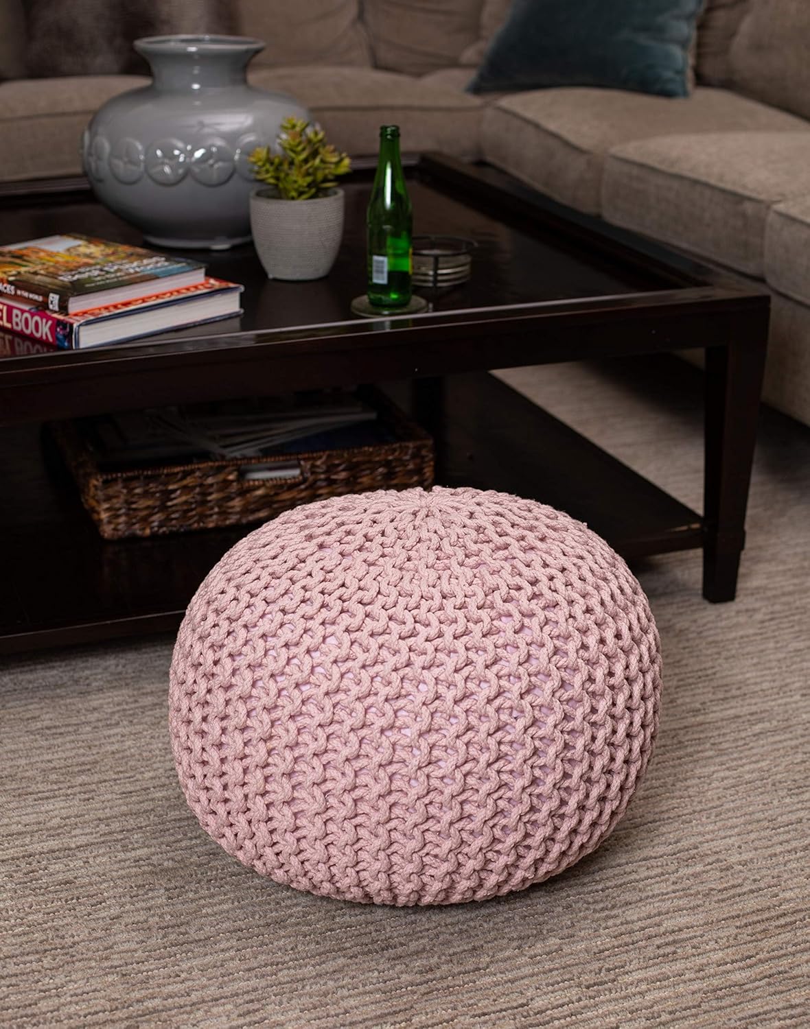 BIRDROCK HOME Round Pouf Ottoman | Cotton Braided Foot Stool with Bean Bag Filling | Boho Foot Rest