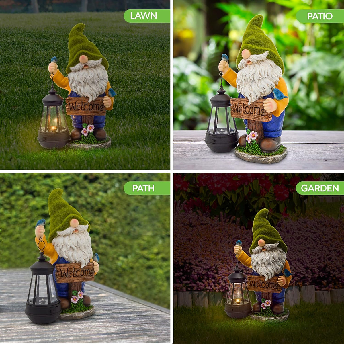 Garden Gnomes Outdoor - Flocked Gnome Statue Holding Lantern with Solar LED Lights | Gnomes Garden