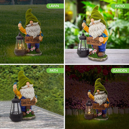 Garden Gnomes Outdoor - Flocked Gnome Statue Holding Lantern with Solar LED Lights | Gnomes Garden