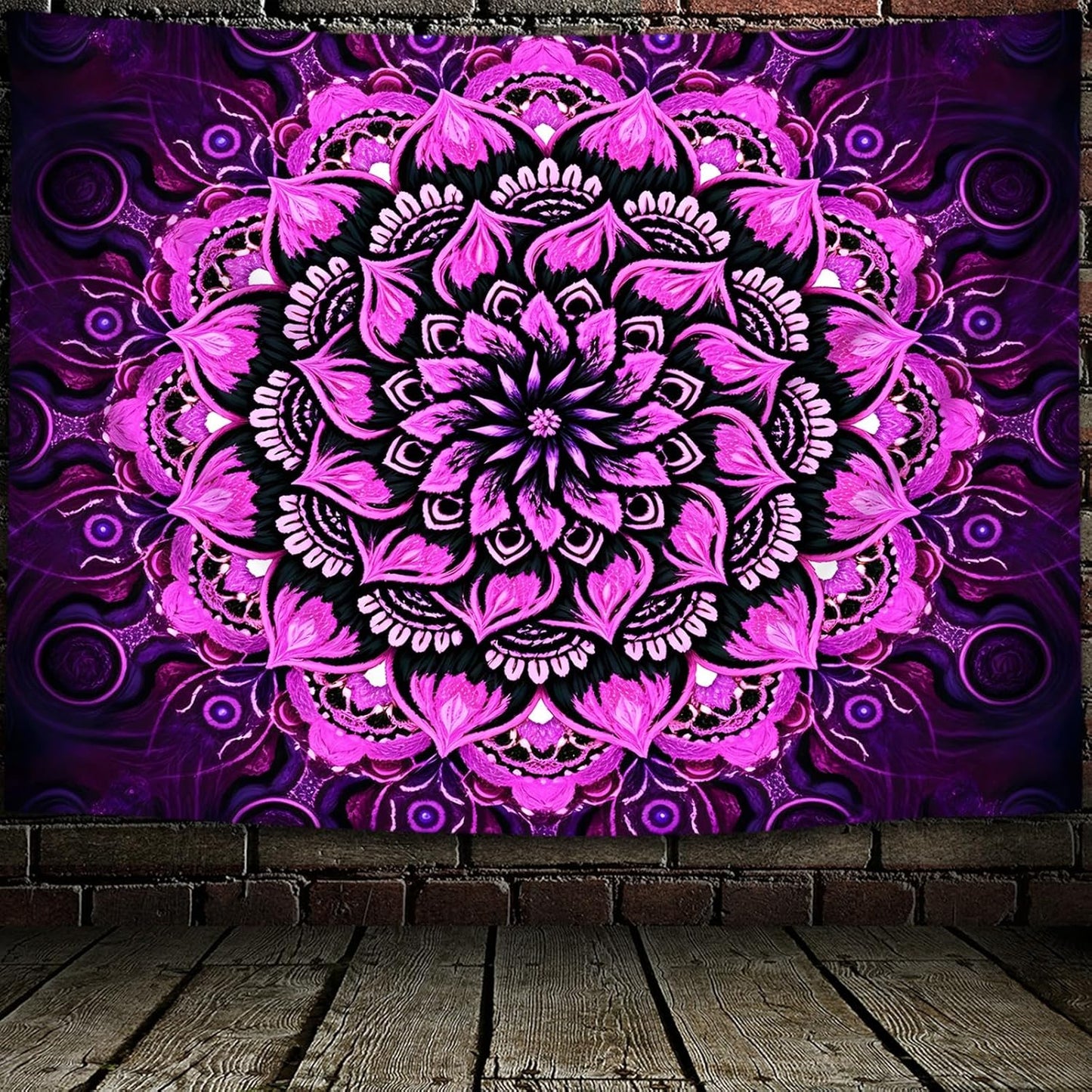 Psyhilar Blacklight Mandala Tapestry Wall Hanging, Psychedelic Flower Black Light Posters for