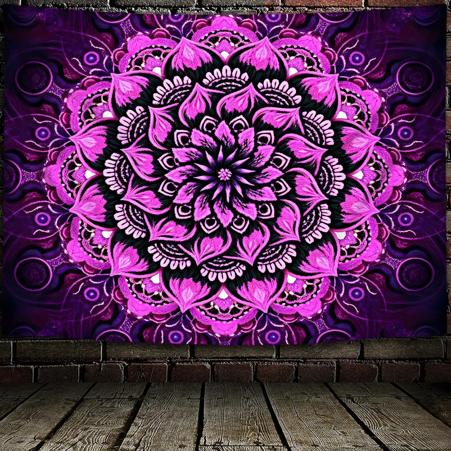 Psyhilar Blacklight Mandala Tapestry Wall Hanging, Psychedelic Flower Black Light Posters for