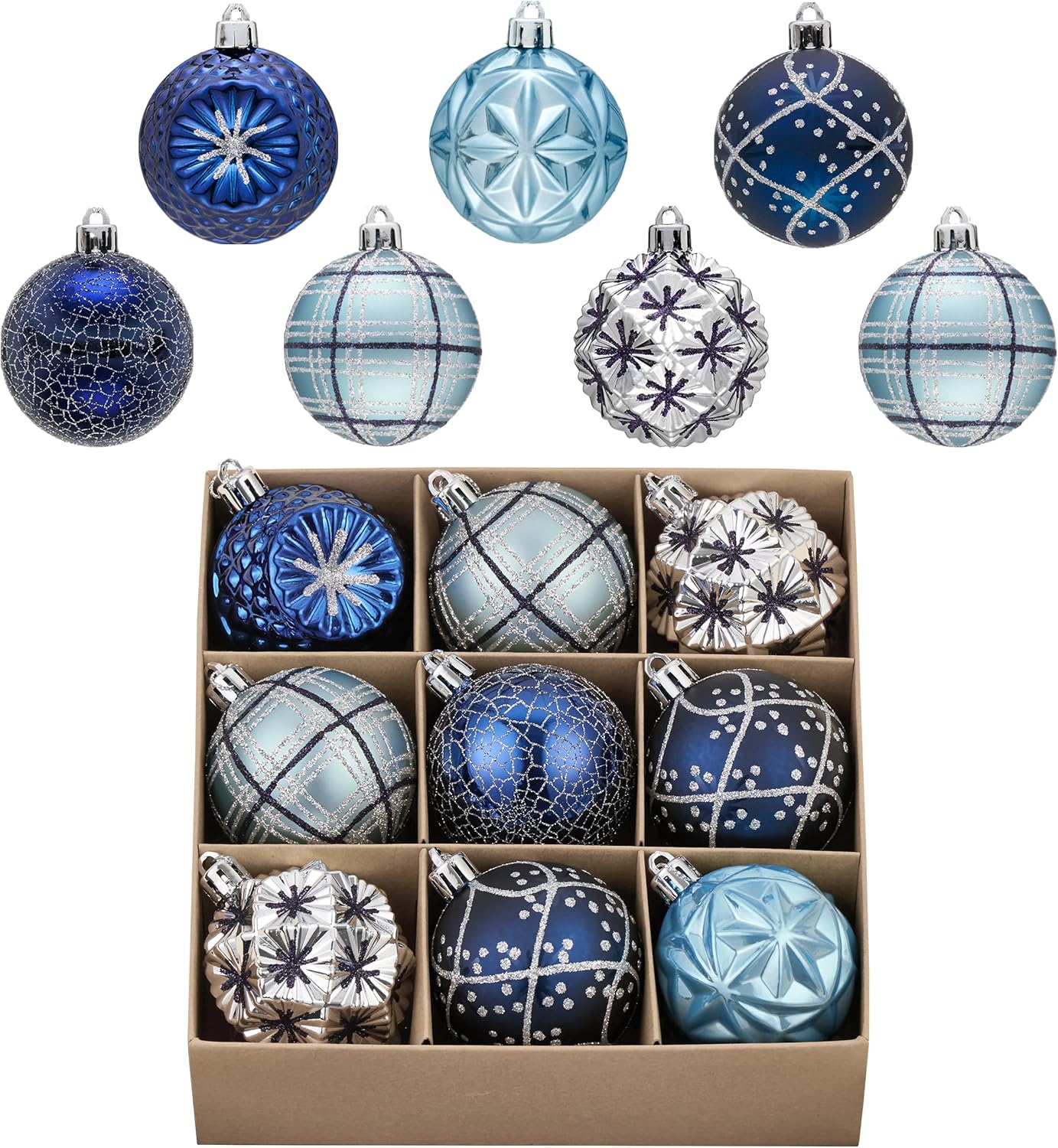Valery Madelyn Ornaments for Christmas Trees, 9ct 2.36 Inches Navy Blue and Silver Shatterproof
