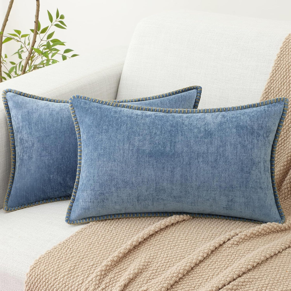 decorUhome Chenille Soft Throw Pillow Covers 12x20 Set of 2, Lumbar Velvet Farmhouse Neutral