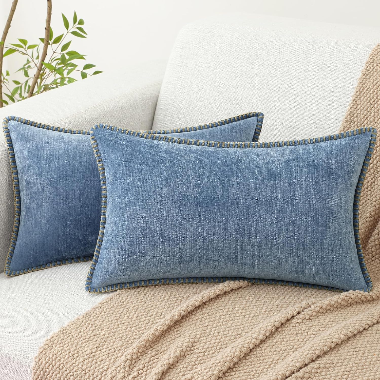 decorUhome Chenille Soft Throw Pillow Covers 12x20 Set of 2, Lumbar Velvet Farmhouse Neutral