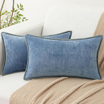 decorUhome Chenille Soft Throw Pillow Covers 12x20 Set of 2, Lumbar Velvet Farmhouse Neutral