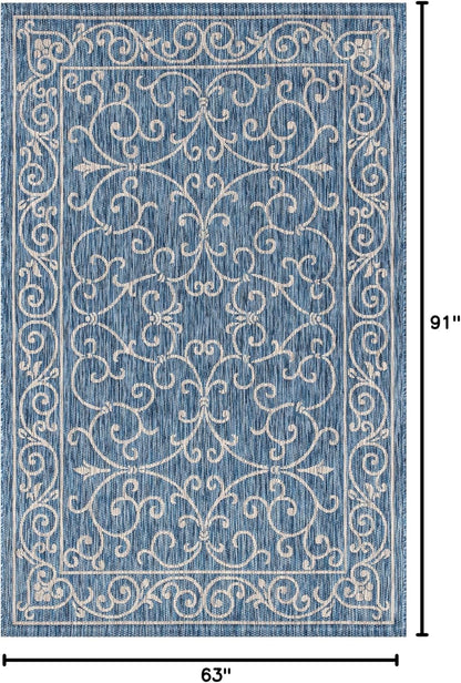 JONATHAN Y Vintage Filigree Indoor Outdoor Area Rug 5X8 Navy/Gray, Charleston Textured Weave for