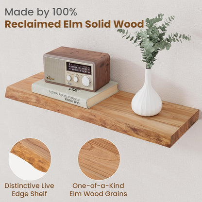 Floating Shelves for Wall Decor, Rustic Solid Elm Wood Live Edge Floating Shelves Wall Mounted