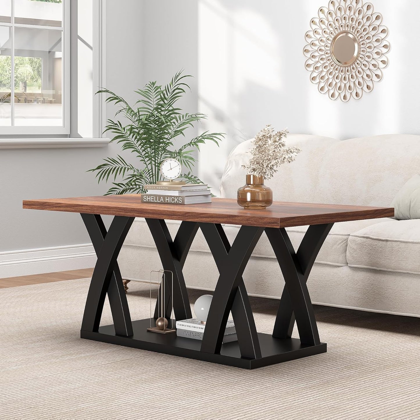 47” Wood Coffee Tables for Living Room Rustic Stands with Storage Shelf Black Blown Coffee Tables