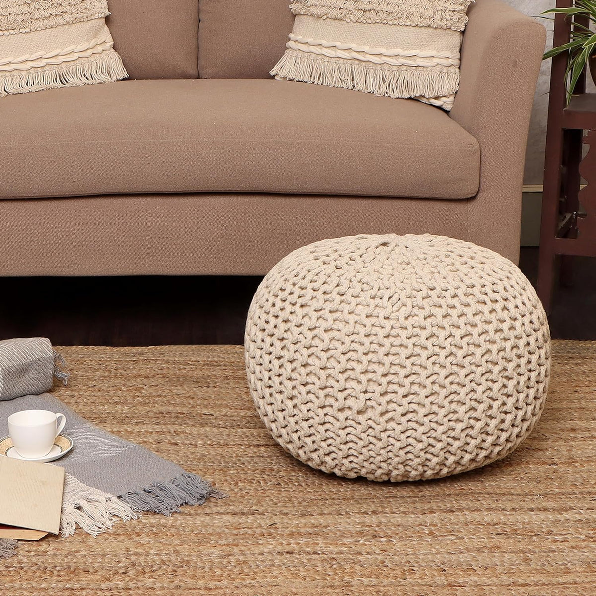 REDEARTH Round Pouf Ottoman –18"x18"x14" Hand-Knitted Cotton Pouffe –Cable Footstool –Boho Dori