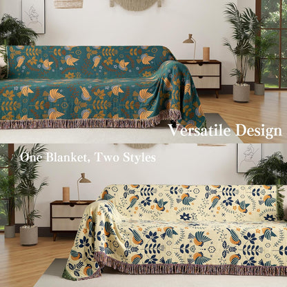 Boho Throw Blanket Twin Size, Soft Cozy Cotton Muslin Quilt Blanket for Bed Decor, Bird Patterned