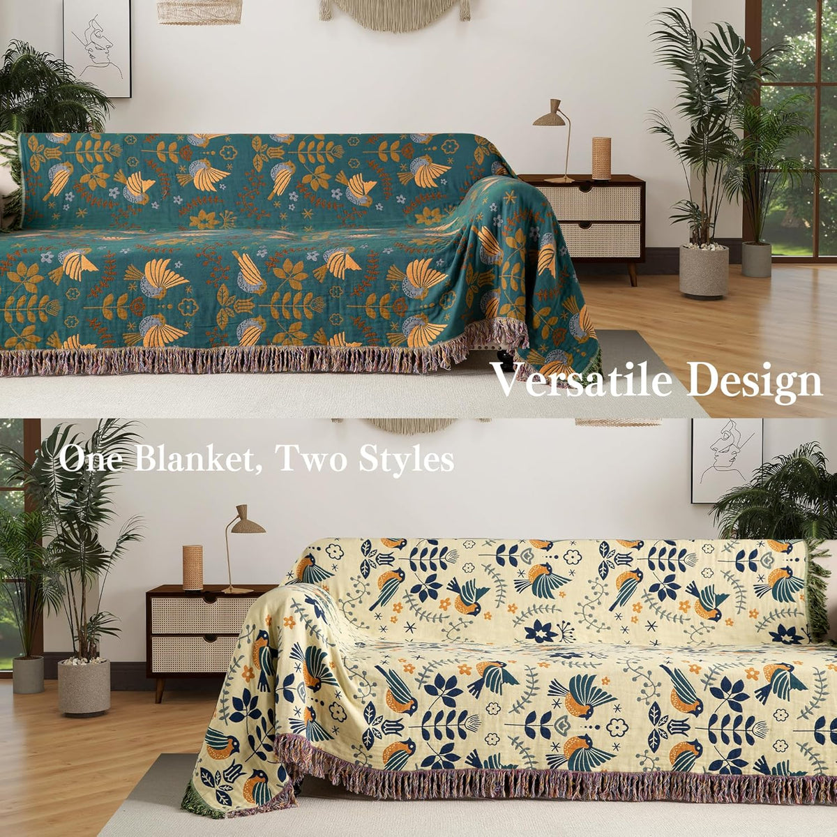 Boho Throw Blanket Queen Size, Oversized Soft Cozy Cotton Muslin Quilt Blanket for Bed Decor, Bird