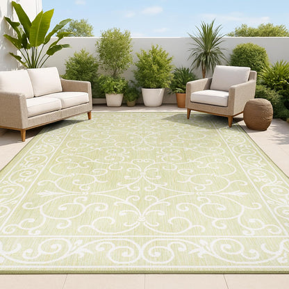 JONATHAN Y Vintage Filigree Indoor Outdoor Area Rug 3X5 Green/Cream, Charleston Textured Weave for