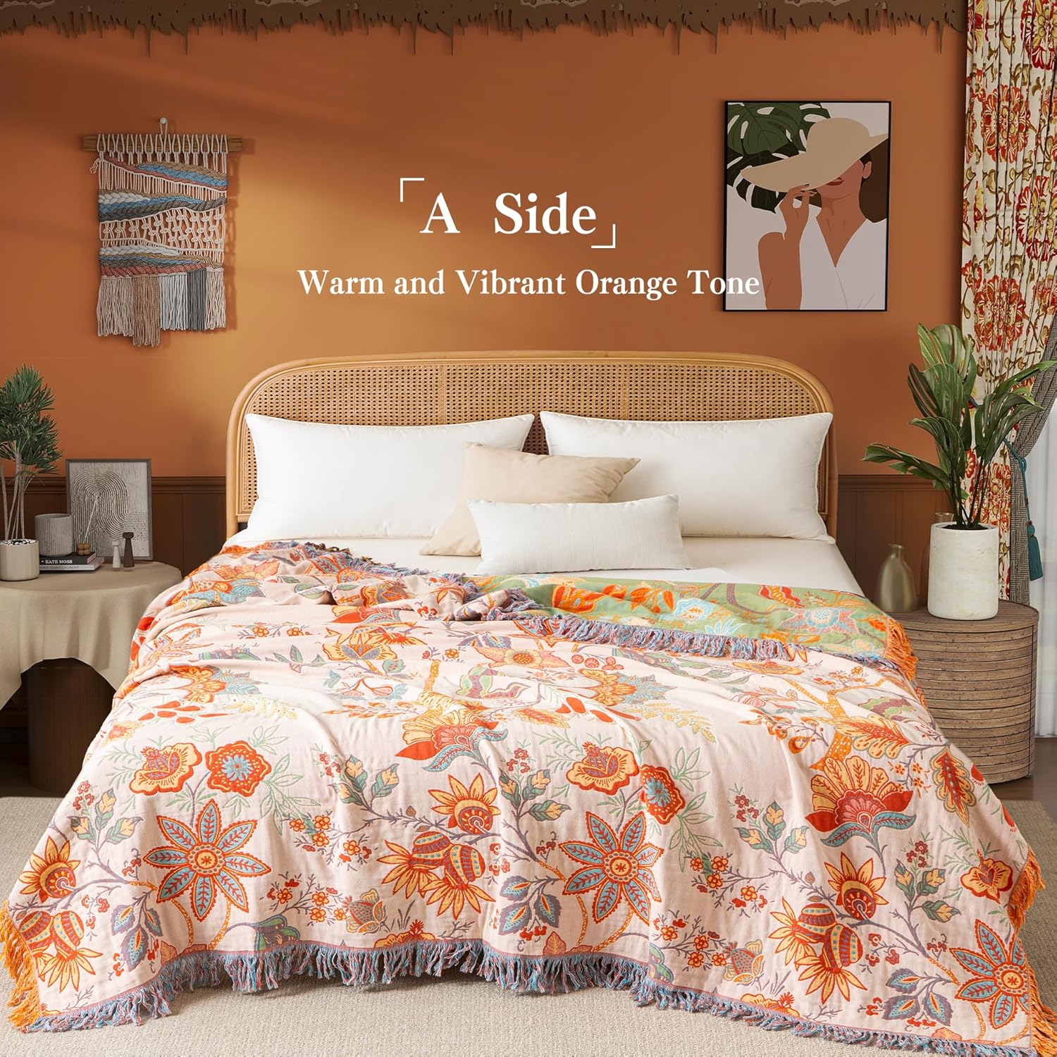 Boho Throw Blanket Twin Size, Soft Cozy Cotton Muslin Quilt Blanket for Bed Decor, Floral Patterned
