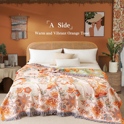 Boho Throw Blanket Twin Size, Soft Cozy Cotton Muslin Quilt Blanket for Bed Decor, Floral Patterned