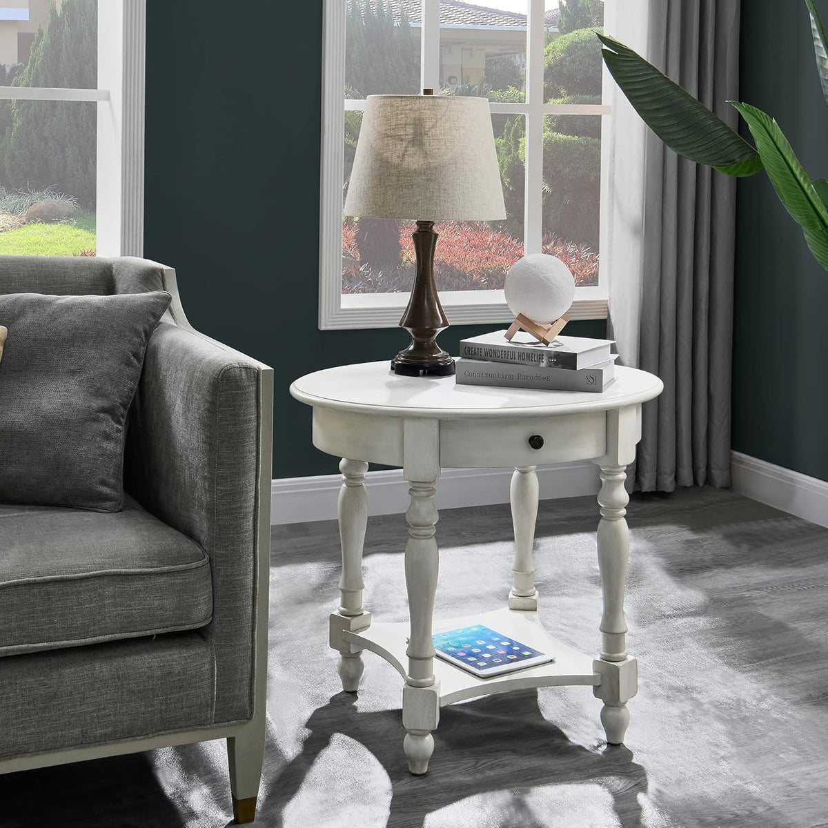 MODERION Oval End Table with Drawer, Solid Wood Sofa Side Storage Shelf, Traditional Living Room