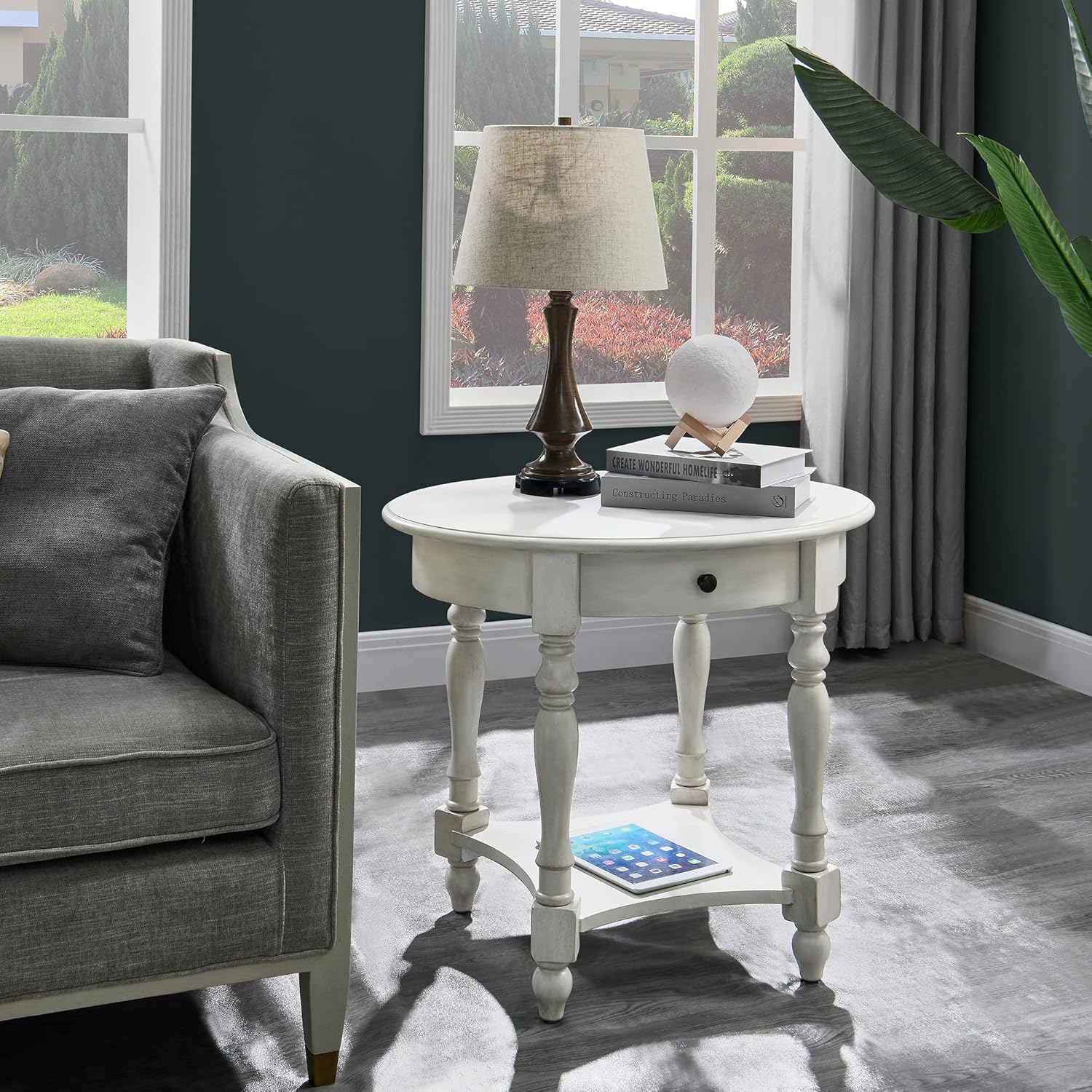MODERION Oval End Table with Drawer, Solid Wood Sofa Side Storage Shelf, Traditional Living Room