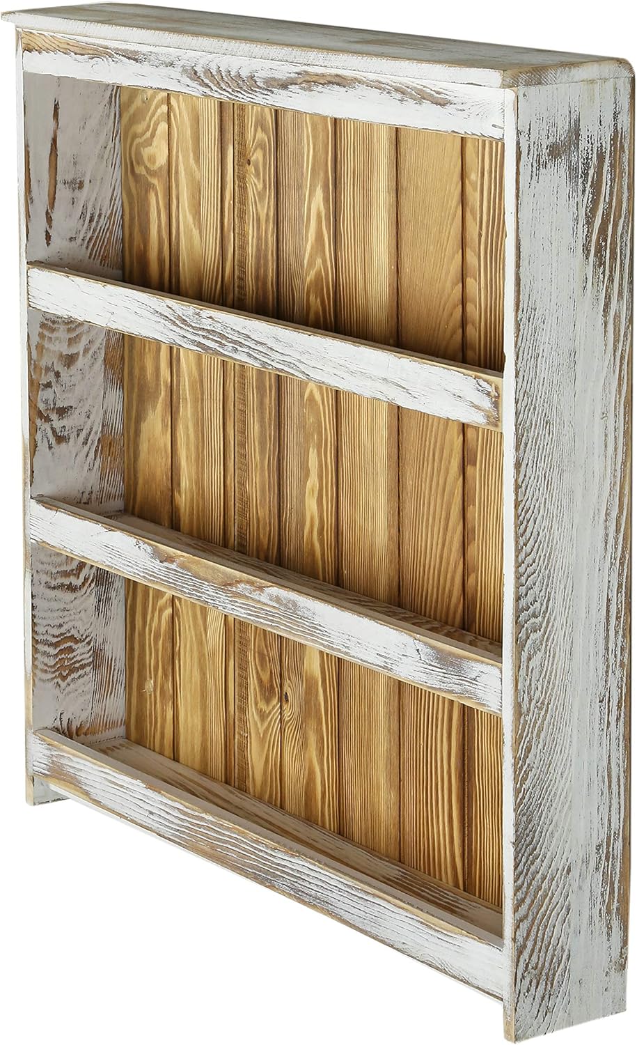 MyGift 3 Tier Wall Mounted Spice Rack, Shabby White Washed and Rustic Natural Burnt Solid Wood
