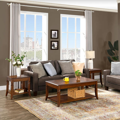 Solid Wood Coffee Table with Storage Shelf, Mid-Century Living Room Tables with Carved Tabletop and