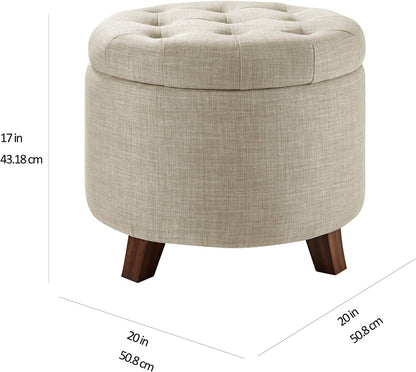 Amazon Basics Round Linen Ottoman with Storage, Tufted Upholstered Footstool for Living Room and