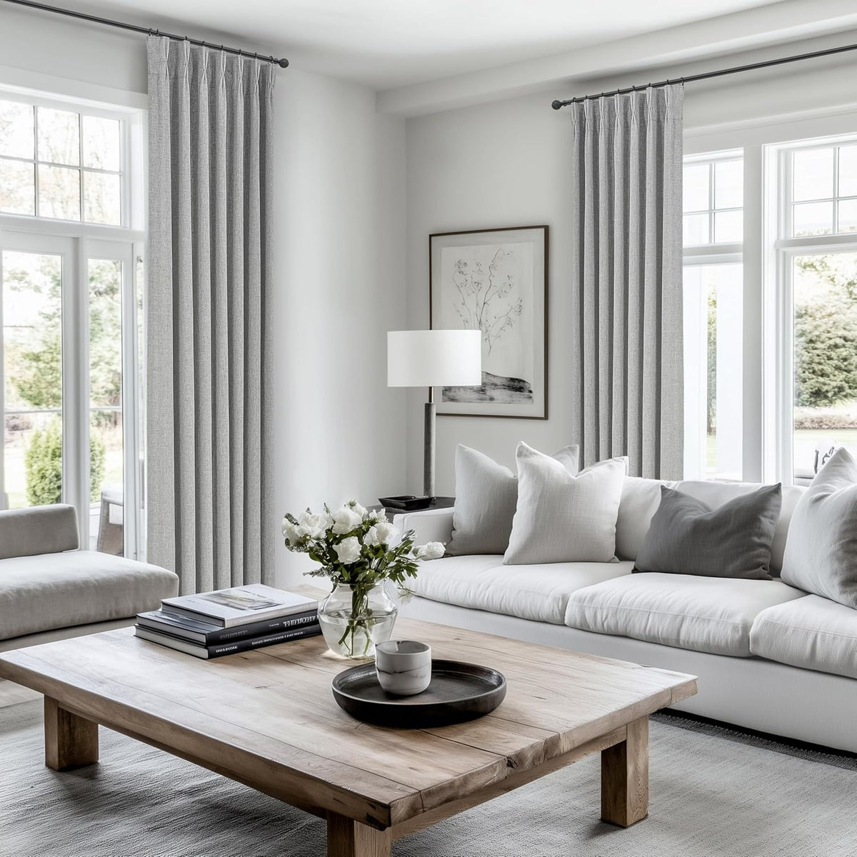 Gray Pinch Pleated 96 Inch Curtains 2 Panel Set for Living Room, Neutral Heavy Linen Blackout