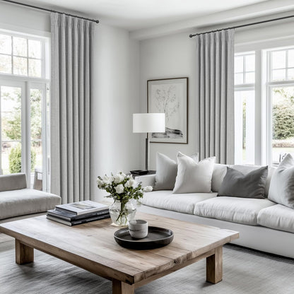 Gray Pinch Pleated 96 Inch Curtains 2 Panel Set for Living Room, Neutral Heavy Linen Blackout