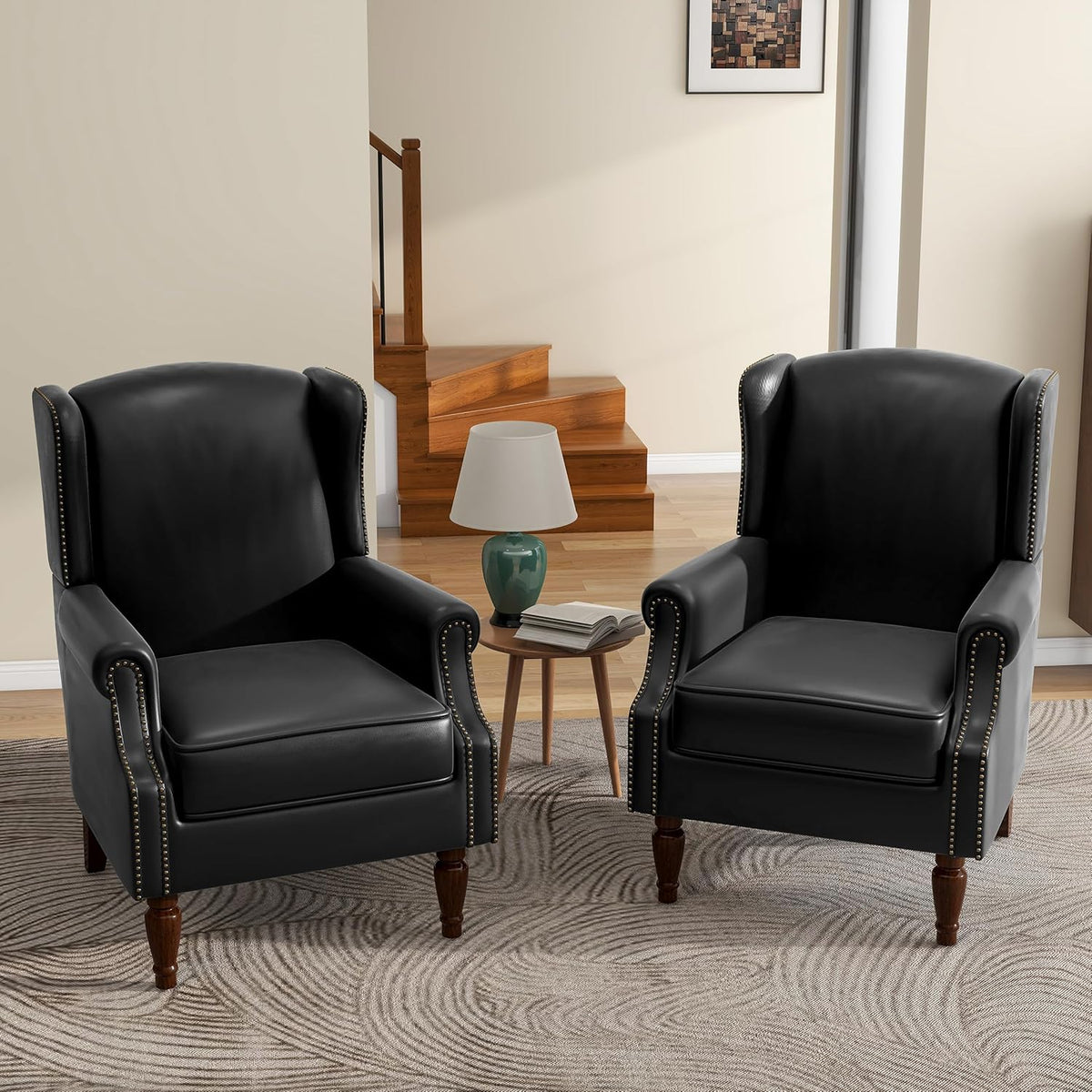 UIXE Faux Leather High Back Accent Chairs Set of 2, Upholstered Armchair for Living Room, Retro