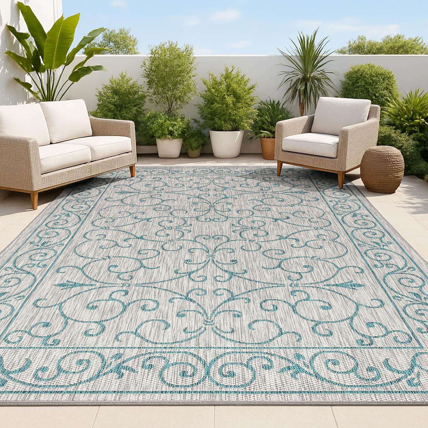 JONATHAN Y Vintage Filigree Indoor Outdoor Area Rug 4X6 Gray/Teal, Charleston Textured Weave for