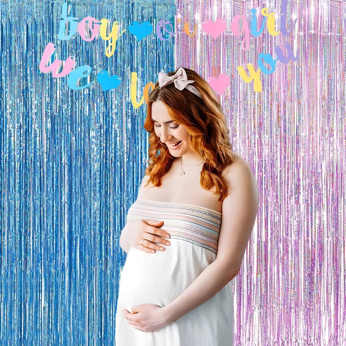 BRAVESHINE Pink Blue Tinsel Foil Fringe Curtains - 2Pcs 3.2x8.2ft Holidays Photo Streamers Backdrop