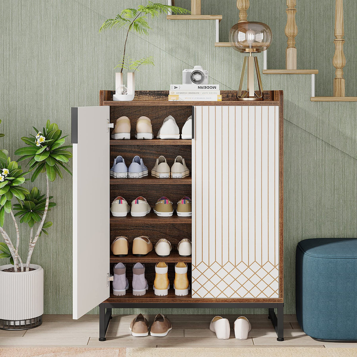 Tribesigns Modern Shoe Cabinet for Entryway, 25 Pairs Shoe Cabinet with Doors, Wood 5-Tier Shoe