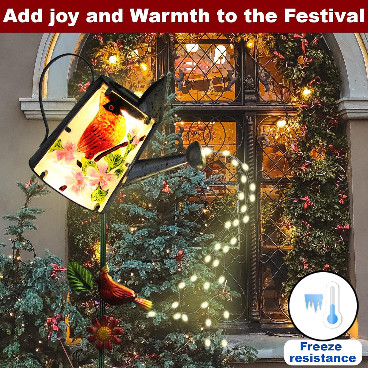 Garden Solar Lights Outdoor, Metal Watering Can Garden Stake Lights Cardinal Bird Decor Glass Art