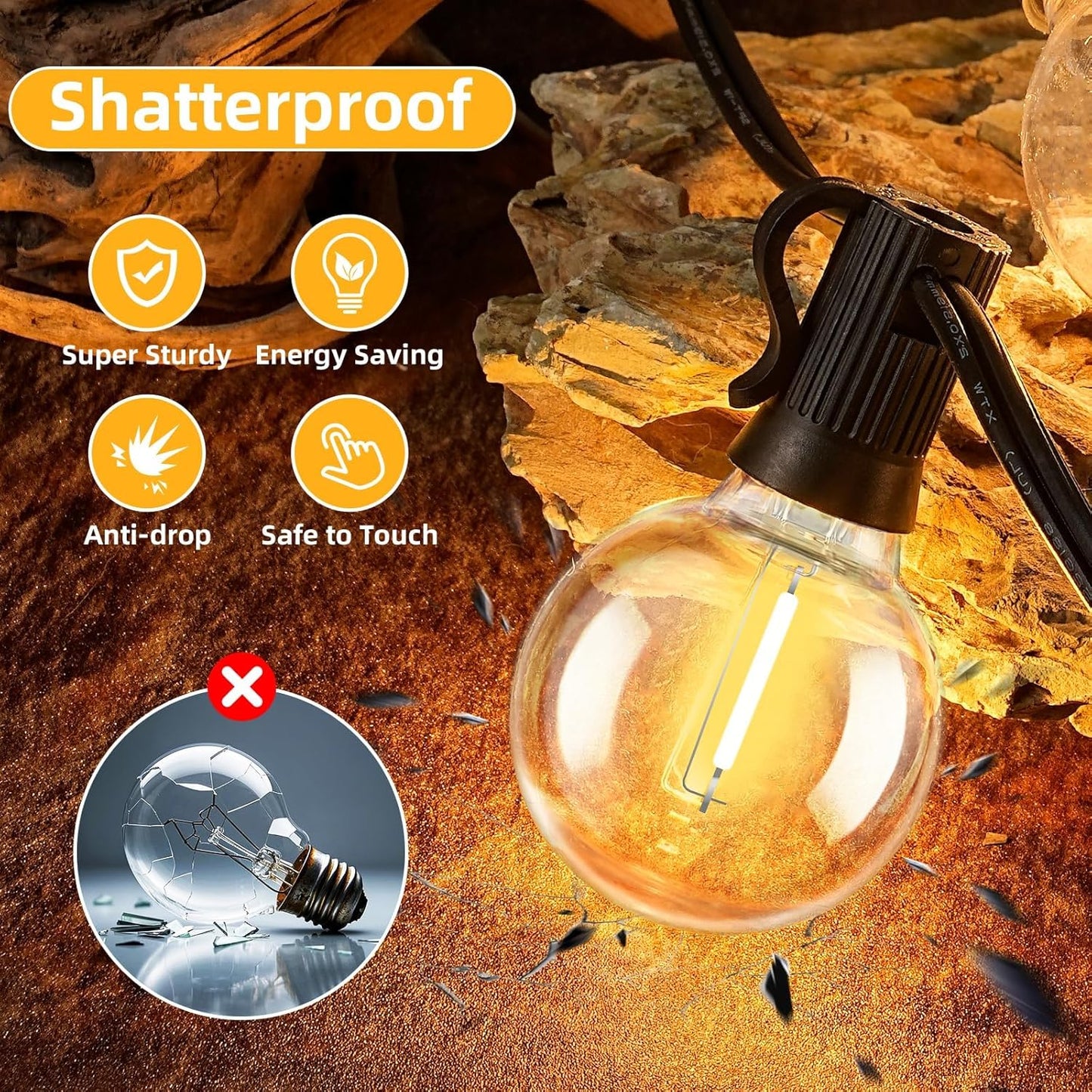 50FT G40 LED String Lights with 25 Shatterproof Bulbs (2 Spares), E12 Sockets, 2700K Warm White