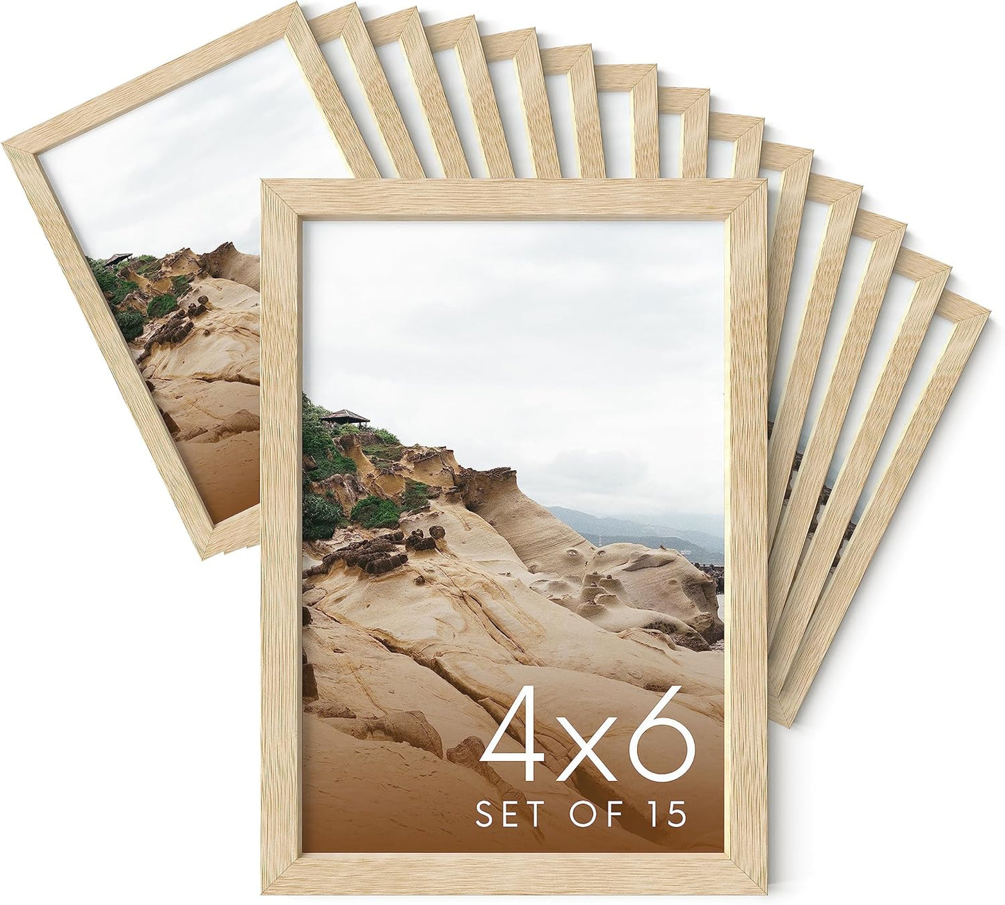 Haus and Hues 4x6 Natural Oak Wood Photo Frame Set of 15 - Mini Picture Frames Bulk Gallery Set