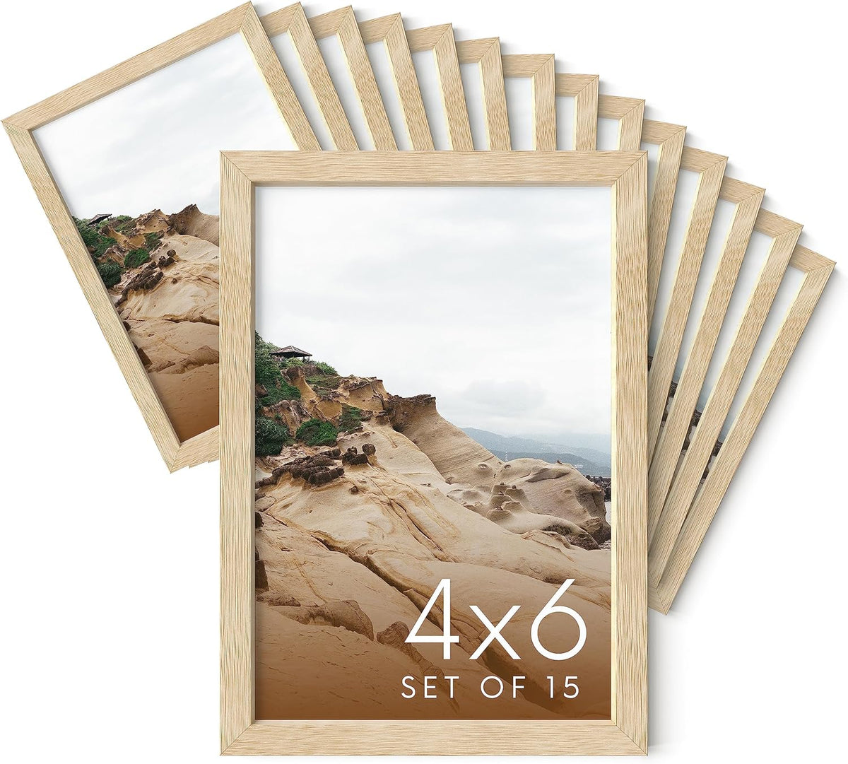Haus and Hues 4x6 Natural Oak Wood Photo Frame Set of 15 - Mini Picture Frames Bulk Gallery Set