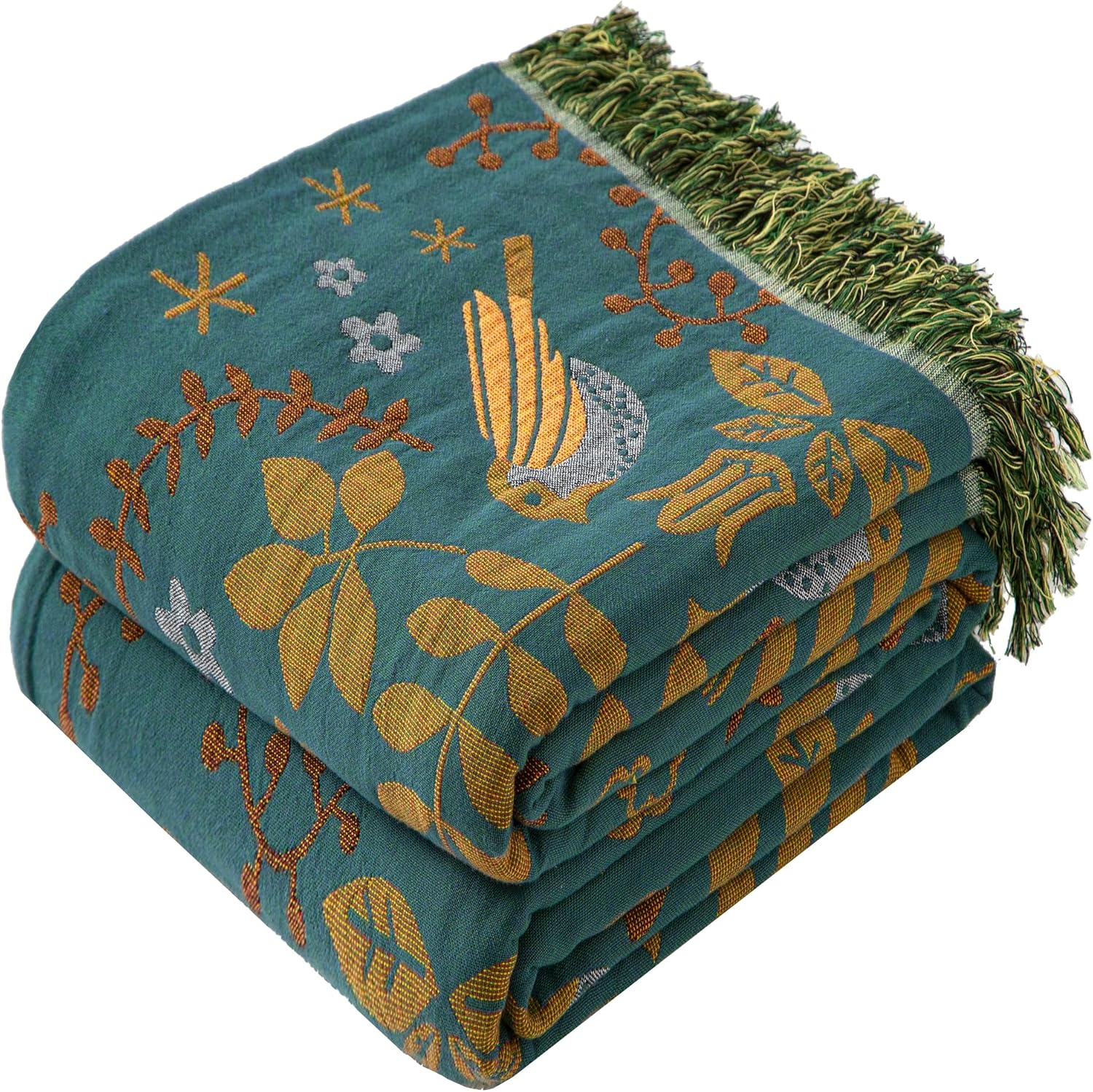 Boho Throw Blanket Queen Size, Oversized Soft Cozy Cotton Muslin Quilt Blanket for Bed Decor, Bird