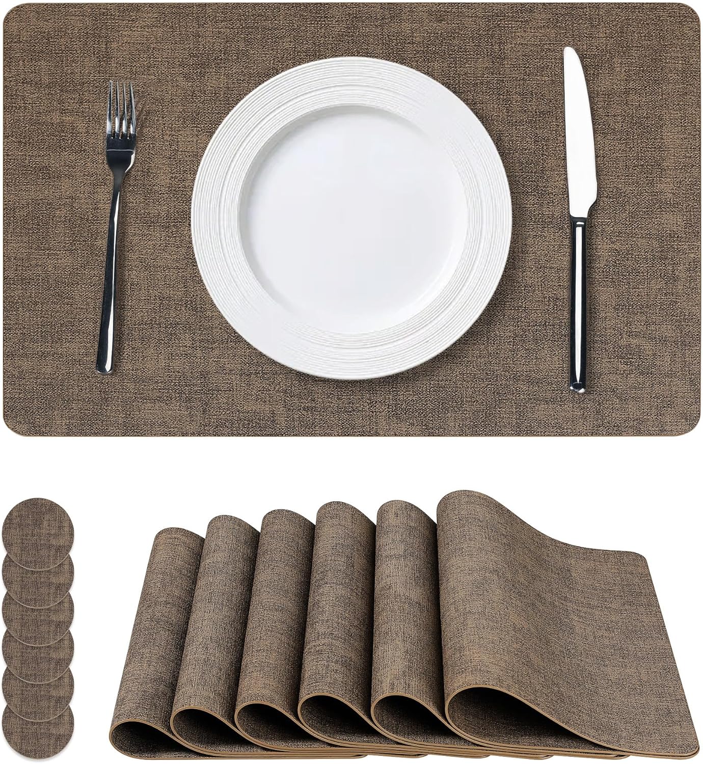 Vinyl Placemats Set of 6, Faux Leather Waterproof and Heat Resistant Place Mats, Washable Anti-Slip