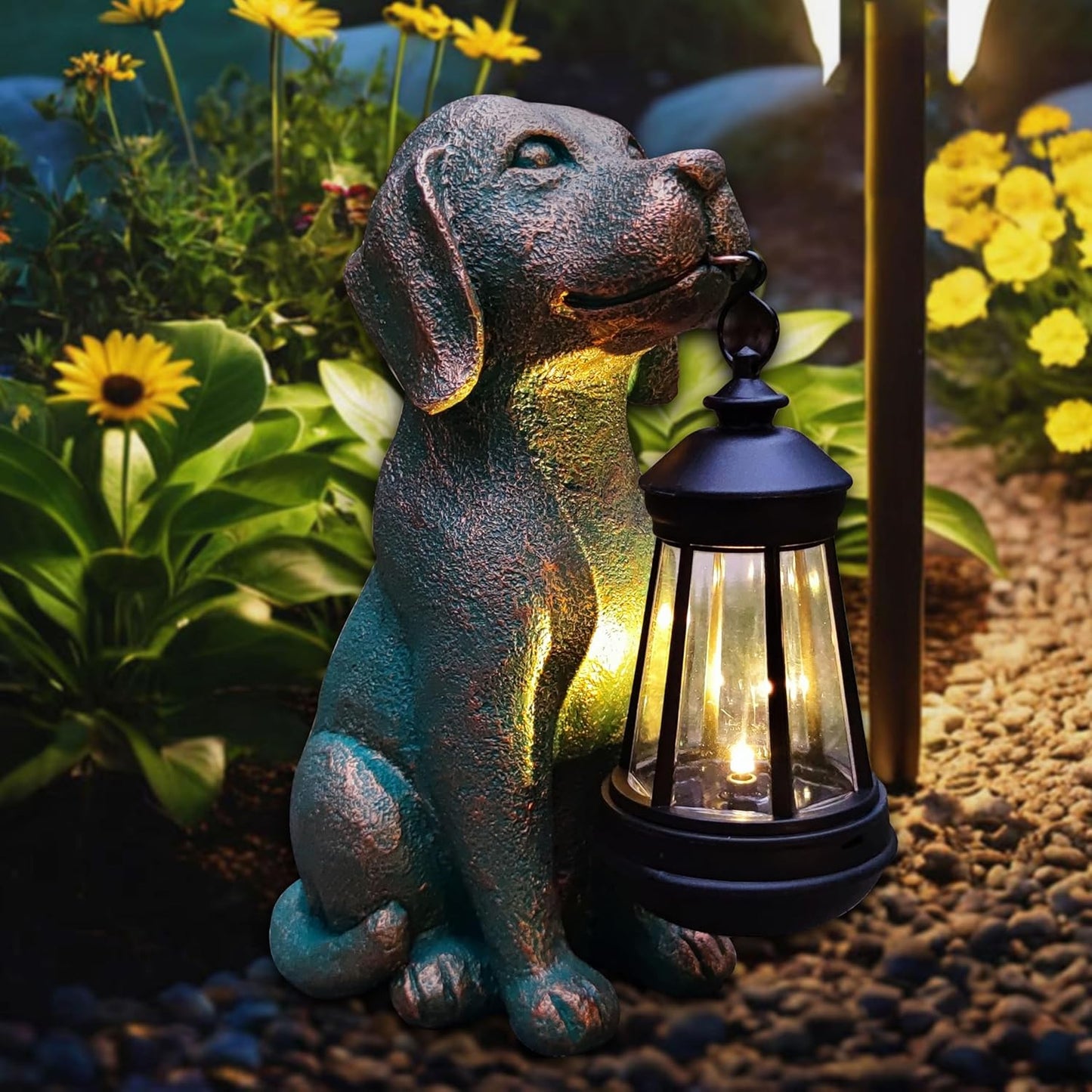 Dog Garden Statue Outdoor Décor with Solar Lights Lantern,Dog Solar Light Figurines Outside
