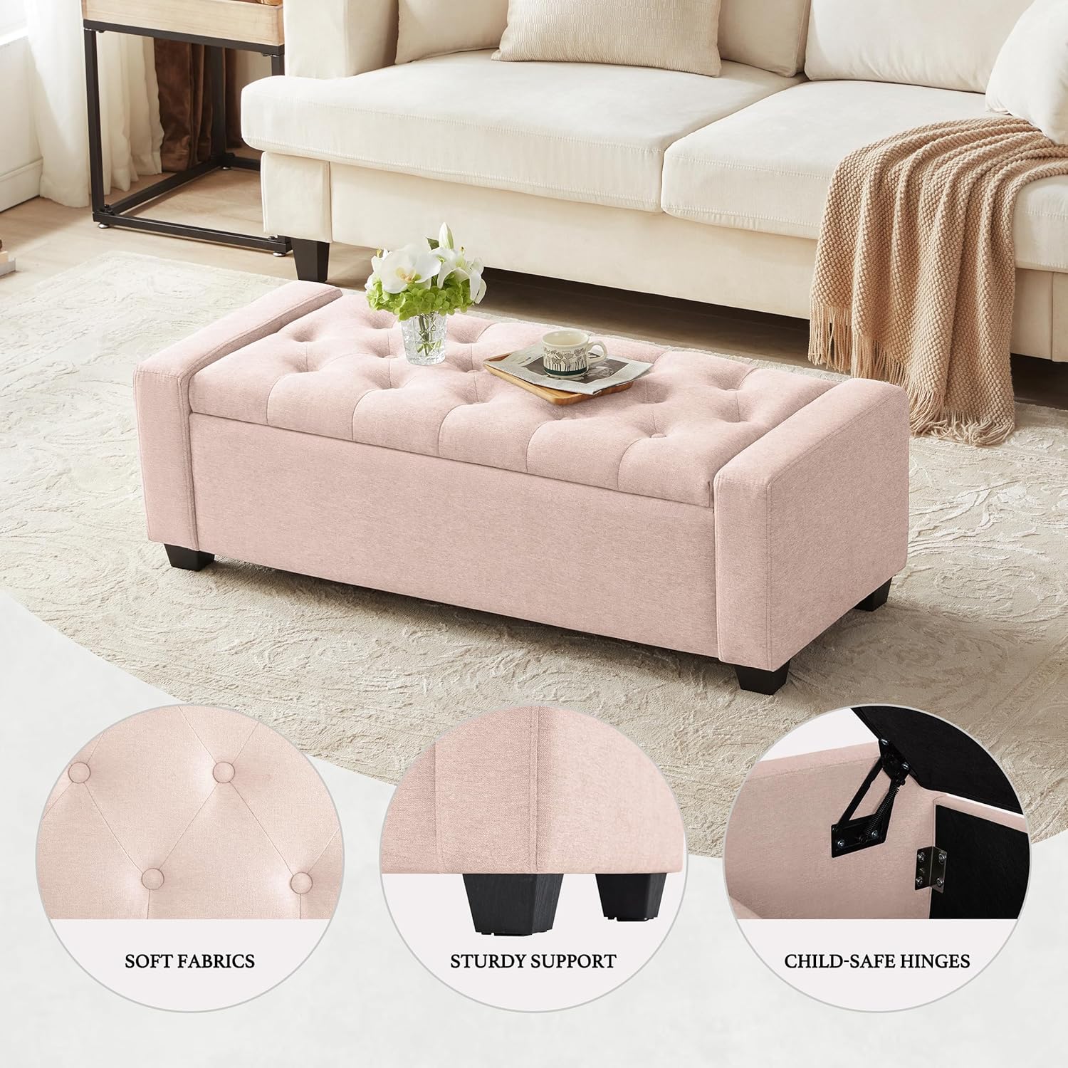 48" Ottoman with Storage, Pink Storage Ottoman Bench with Safety Hinge, Upholstered Entryway Bench