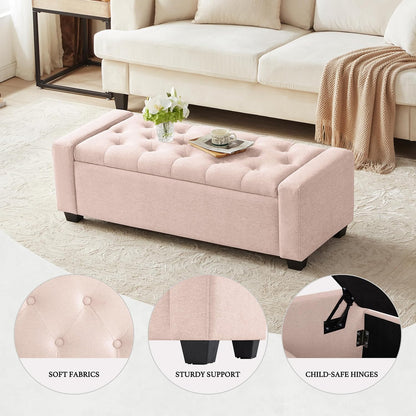 48" Ottoman with Storage, Pink Storage Ottoman Bench with Safety Hinge, Upholstered Entryway Bench