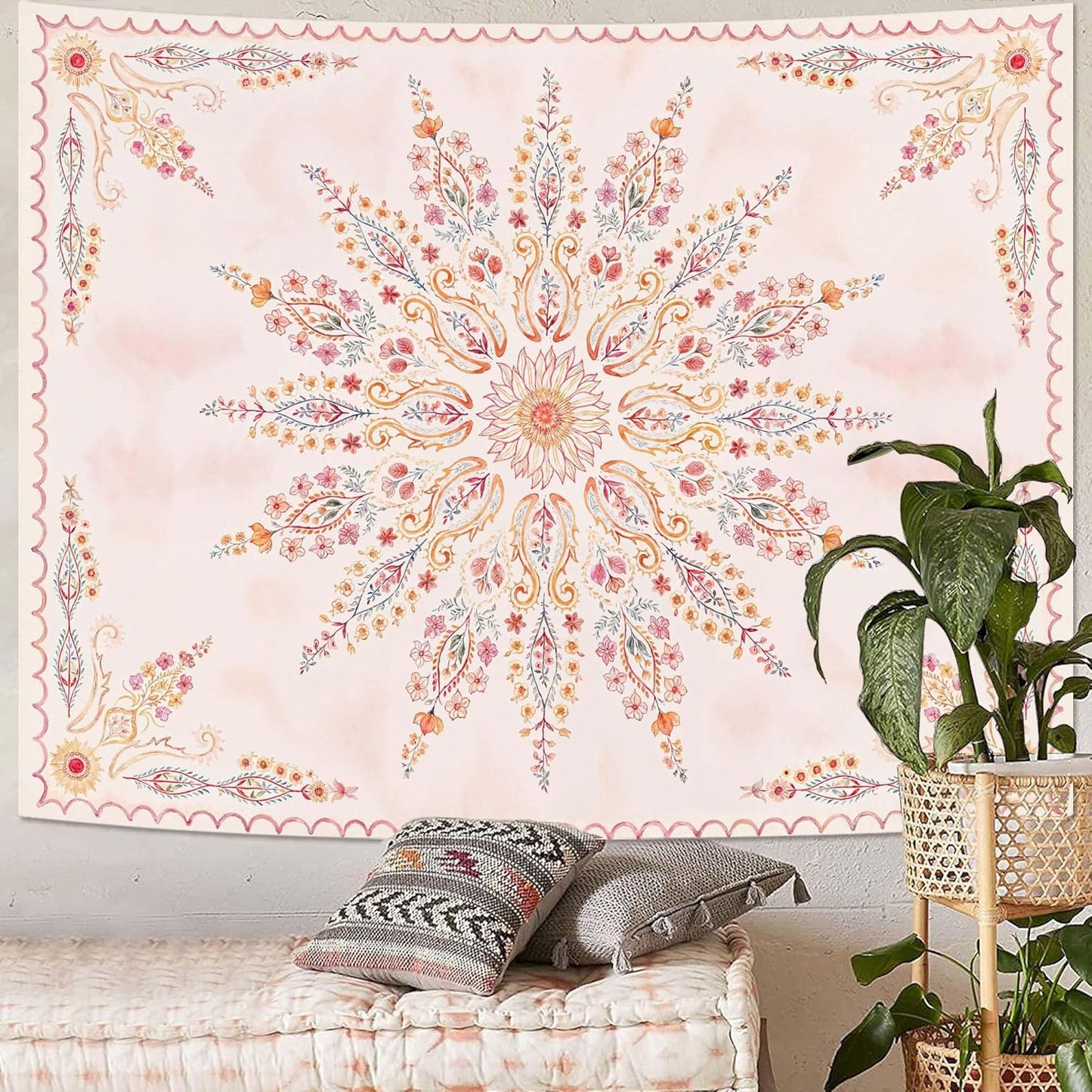 Fowocu Boho Floral Mandala Tapestry for Bedroom Aesthetic Pink Bohemian Flower Wall Tapestry