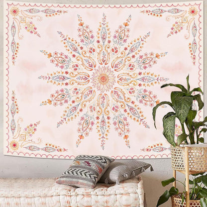 Fowocu Boho Floral Mandala Tapestry for Bedroom Aesthetic Pink Bohemian Flower Wall Tapestry