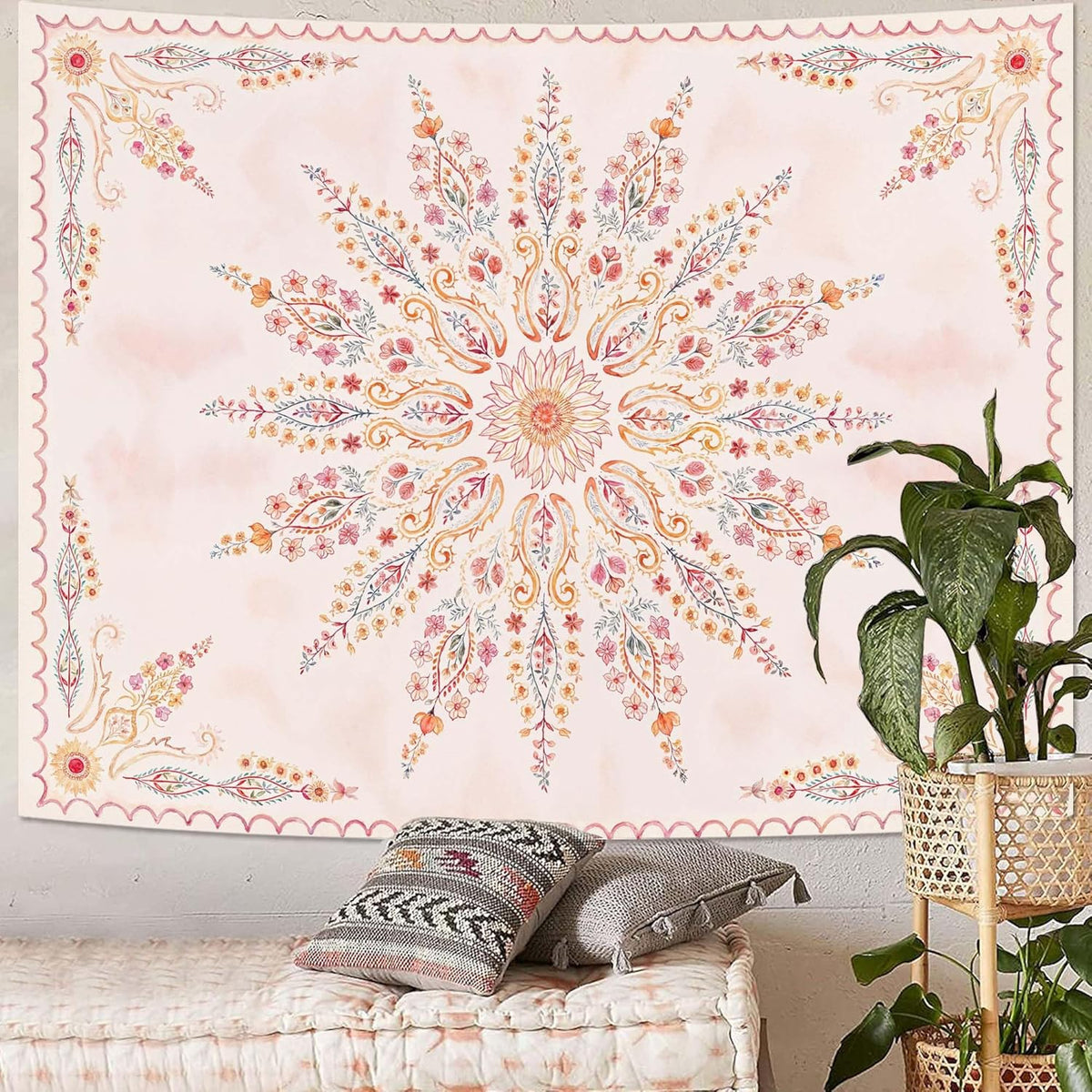 Fowocu Boho Floral Mandala Tapestry for Bedroom Aesthetic Pink Bohemian Flower Wall Tapestry