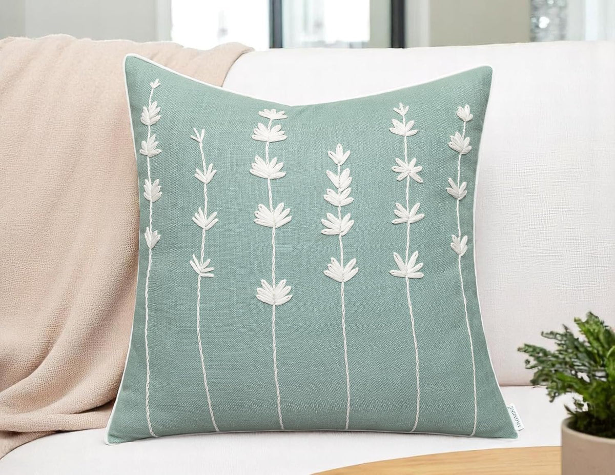 VAGMINE Hand Embroidered Daisy Accent Throw Pillow Cover - 18x18 Inches Square - 100% Cotton Light